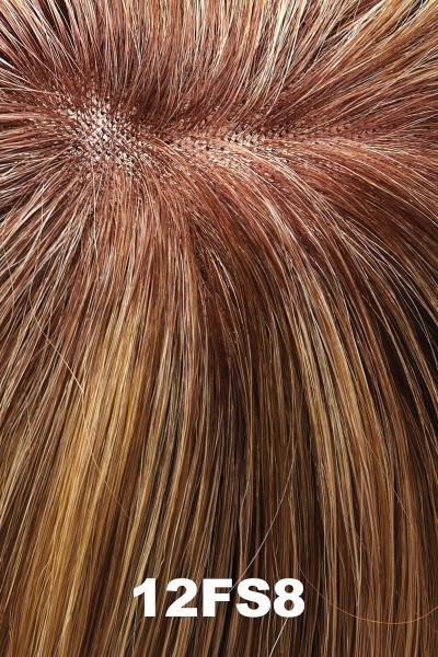 Color 12FS8 (Shaded Praline) for Jon Renau wig Angie Human Hair (#707). Medium brown roots and a light brown, light blonde and pale blonde blend with a golden undertone.