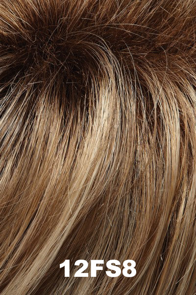 Color 12FS8 (Shaded Praline) for Jon Renau wig Gaby (#5348). Medium brown roots and a light brown, light blonde and pale blonde blend with a golden undertone.