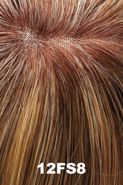 Color 12FS8 (Shaded Praline) for Jon Renau wig Spirit Human Hair (#731). Medium brown roots and a light brown, light blonde and pale blonde blend with a golden undertone.
