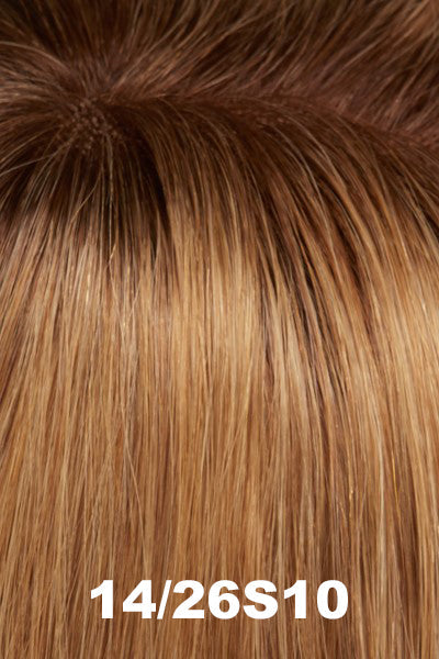 Color 14/26S10 (Shaded Pralines n Cream) for Jon Renau top piece Top Style HH 12 (#5988). Ash blonde, medium red, and golden blonde blend with a medium brown rooting.