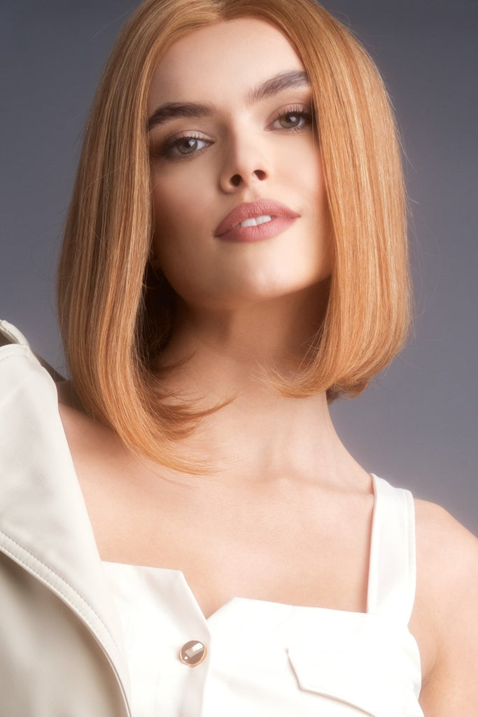 Model wearing the Alexander Couture human hair wig Harriet (#1035) 3.