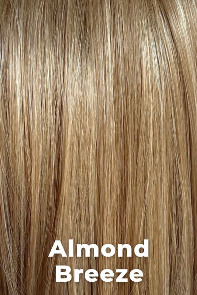 Color Swatch Almond Breeze for Envy wig Belinda. Dark warm honey blonde with subtle creamy blonde and pale blonde highlights.