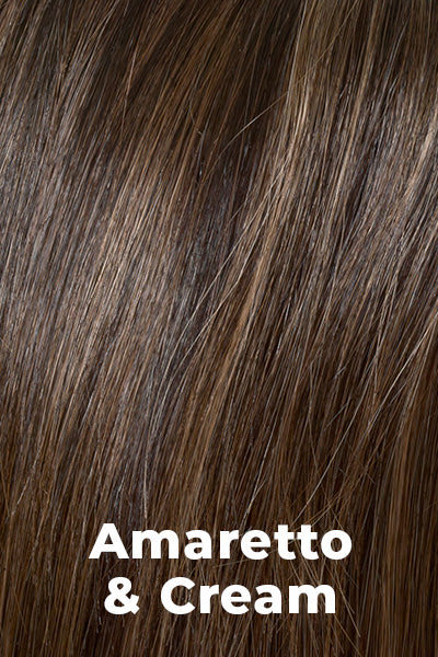 Color Swatch Amaretto & Cream  for Envy wig Tandi Human Hair Blend.  Medium brown base with dark brown roots and subtle blonde highlights with a gold and red undertone.