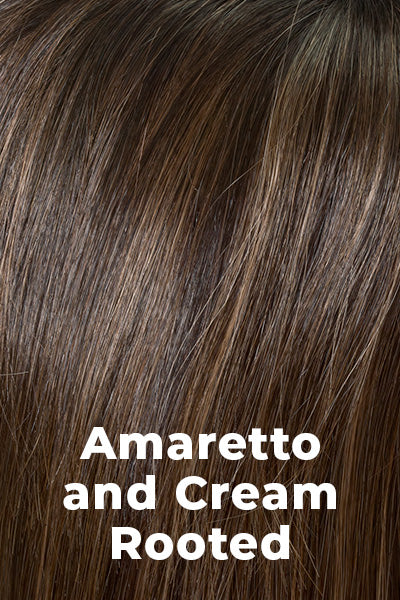 Color Swatch Amaretto & Cream for Envy wig Brittaney.  Medium brown base with dark brown roots and subtle blonde highlights with a gold and red undertone.