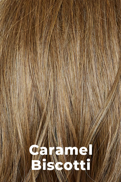 Color Caramel Biscotti for Orchid wig Kirby (#4114). A beautiful mid to dark blond hair color with delicate caramel blond highlights seamlessly blended throughout creating a warm and inviting look.
