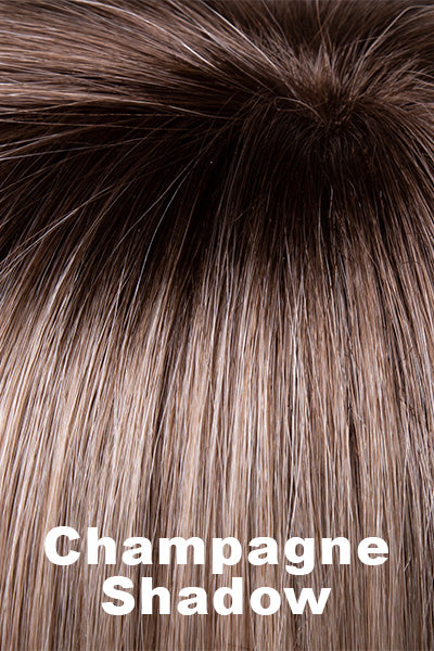 A blend of neutral to warm blonde and light blonde with dark brown rooting.