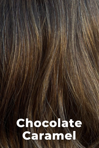 Color Swatch Chocolate Caramel for Envy wig Aubrey Human Hair Blend. Rich chocolate brown with warm golden chestnut brown highlights.