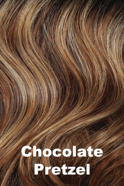 Color Chocolate Pretzel for Orchid wig Jodie (#6540). Dark brown base with warm toned medium honey blonde and medium copper highlights.
