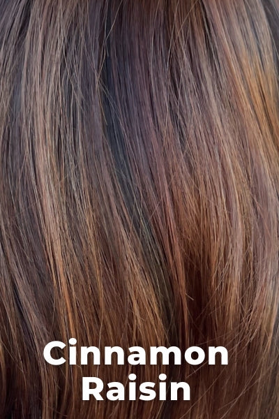 Color Swatch Cinnamon Raisin for Envy wig Bryn. A blend of medium chestnut brown with subtle golden auburn highlights.