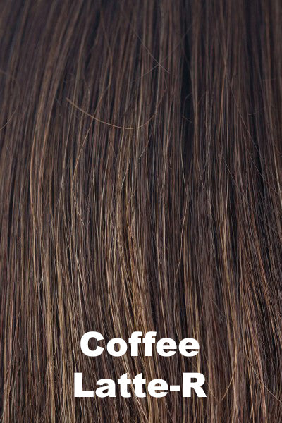 Color Coffee Latte-R for Noriko wig Kade #1723. Rich medium brown base with warm medium brown and medium golden blonde highlights and a deep dark brown root.