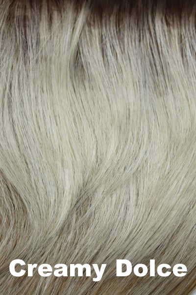 Color Creamy Dolce for Orchid wig Jodie (#6540). White blonde and pale cream blonde blend with dark to medium honey brown roots.