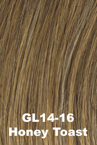 Color Honey Toast (GL14-16) for Gabor wig Love Wave. Dark blonde with golden undertones and coppery caramel highlights.