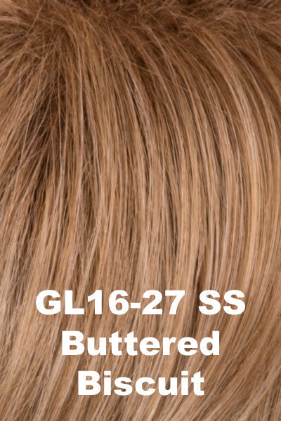 Color SS Buttered Biscuit (GL16-27SS) for Gabor wig Love Wave. Caramel brown base with creamy blonde and light golden brown highlights with a shadow root.