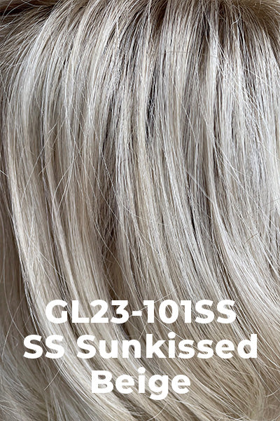 Color SS Sunkissed Beige (GL23-101SS) for Gabor wig On Edge. Pearl and light beige blonde with platinum white blonde highlights and dark golden blonde roots.