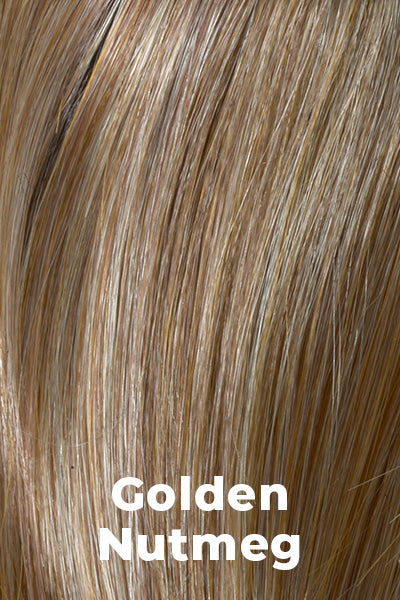Envy Wigs - Marsha - Golden Nutmeg. 3-Tone blend of a cinnamon brown base, chocolate brown roots, and golden blonde highlights.