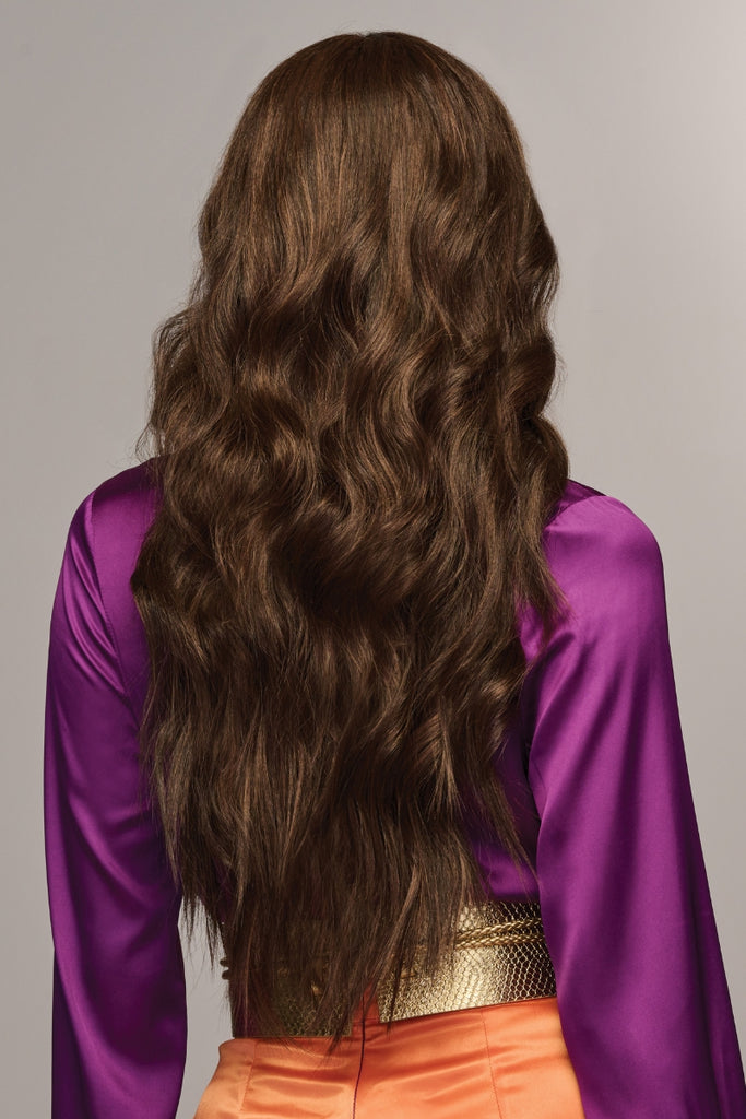 Back view of the model wearing the heat friendly synthetic wig.