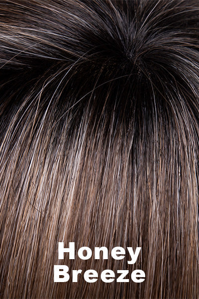 A blend of ash blonde, honey blonde and medium rich brown with a dark brown root.