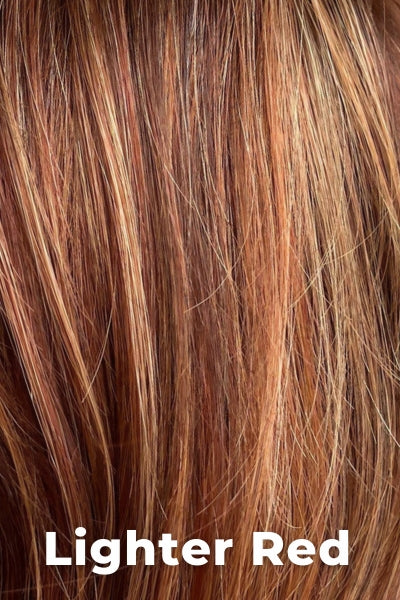 Color Swatch Lighter Red for Envy wig Erica Human Hair Blend. Auburn red base with bright copper and golden strawberry blonde highlights.