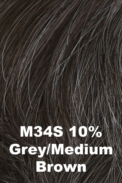 Color M34S for HIM men's wig Style.  Medium brown with silver grey woven throughout the base.