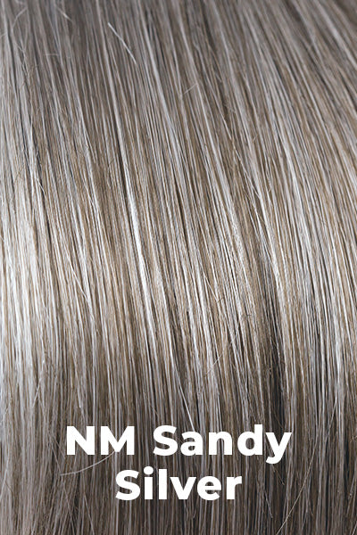 Color NM Sandy Silver for Noriko wig Merrill #1726. Medium warm brown base with silver white highlights gradually darkening near the nape.