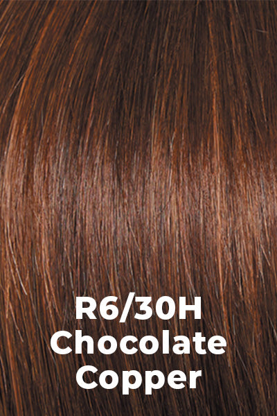 Color Chocolate Copper (R6/30H) for Raquel Welch wig Applause Human Hair. Rich dark chocolate brown with medium auburn highlights.