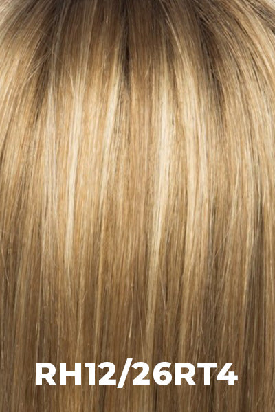 Estetica Wigs - Sevyn - RH12/26RT4 Average. Light Golden Brown with Medium Butterscotch Blonde highlights and Dark Brown roots.