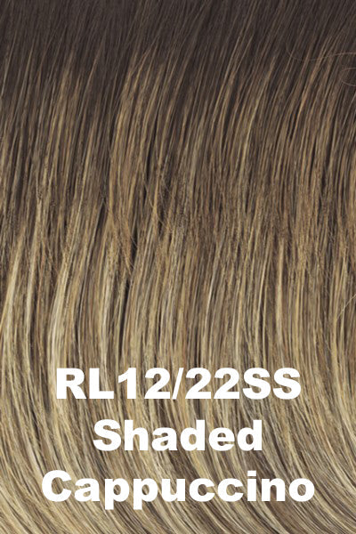 Light golden brown base with neutral cappuccino blonde highlights and dark root.