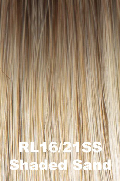 Medium brown rooting with sandy blonde and buttery blonde highlights.