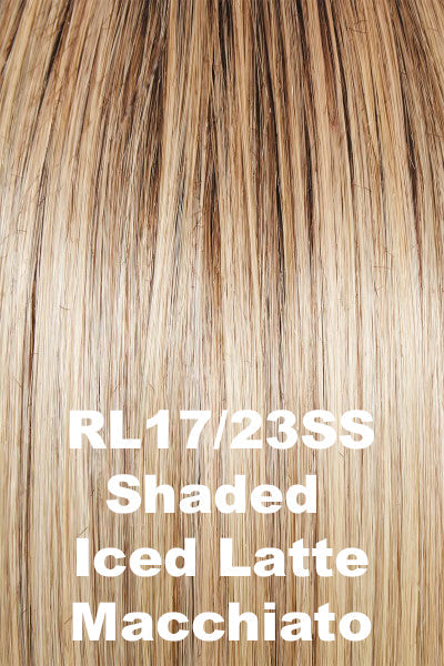Raquel Welch Wigs - Take A Bow - Shaded Iced Latte Macchiato (RL17/23SS). A contrast of Sandy Blonde and Cool Platinum highlights w/ medium Brown Rooting.