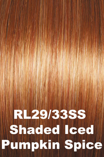 Raquel Welch Wigs - Take A Bow - Shaded Iced Pumpkin Spice (RL29/33SS). An Orange based med Red w/ blended Gold Blonde and Light Blonde highlights w/ warm med Brown Roots.