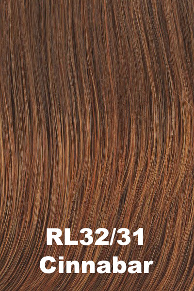 Color Cinnabar for Raquel Welch wig Day to Date. Dark auburn and dark brown blend with light auburn highlights.