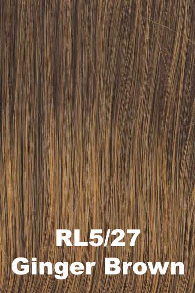 Color Ginger Brown (RL5/27) for Raquel Welch Top Piece Top Billing 18" Lace Front.  Medium brown with a golden undertone and medium golden blonde highlights.