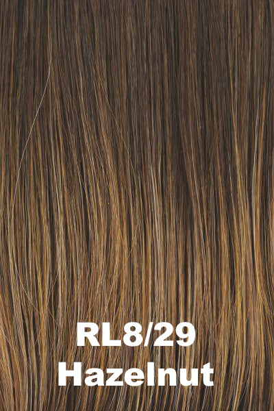 Dark rooting blended into a warm brown base with honey and light copper blonde highlights.