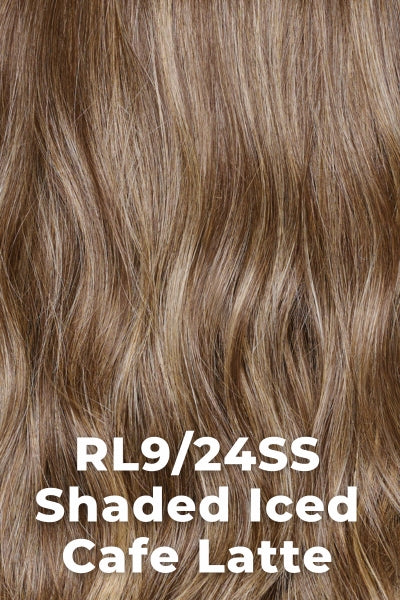 Raquel Welch Wigs - Take A Bow - Shaded Iced Cafe Latte (RL9/24SS). Ashy med Brown base w/ cool Blonde highlights and med Brown Rooting.