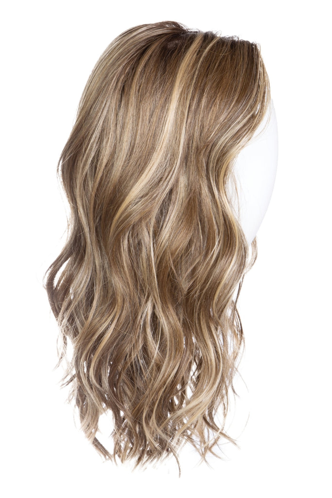 Side view of the long wavy wig. 