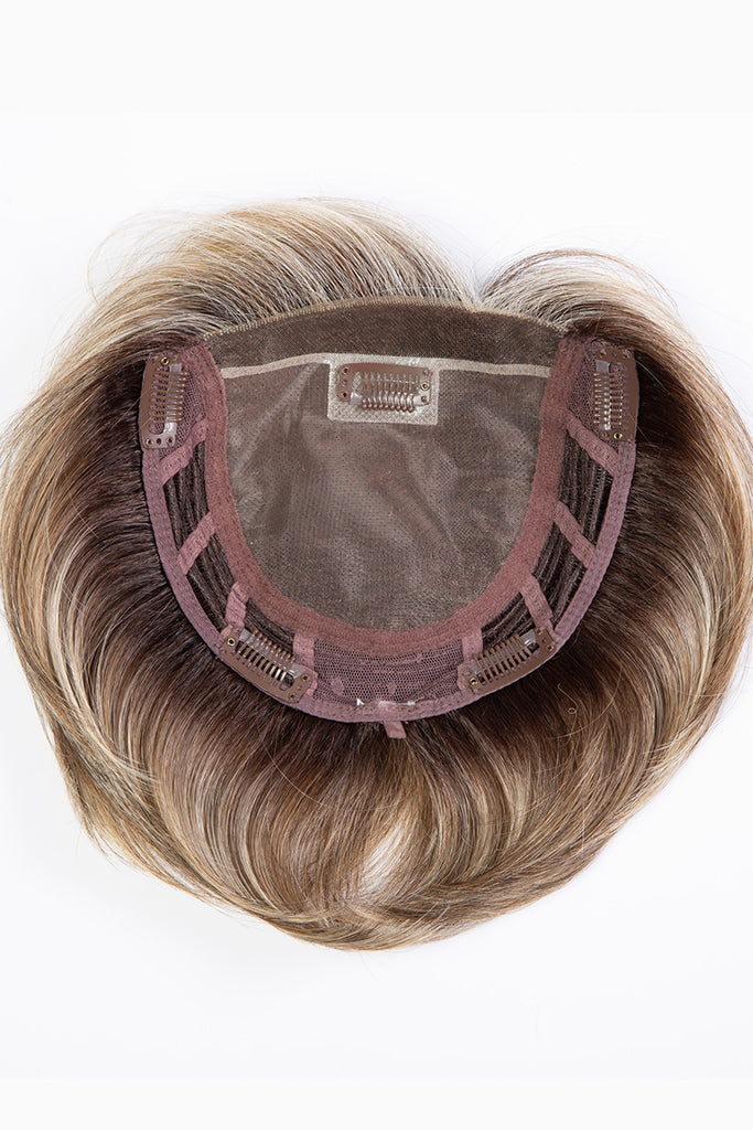 Photo showing the cap construction, with a lace front and monofilament top, and comb clips along the sides. 
