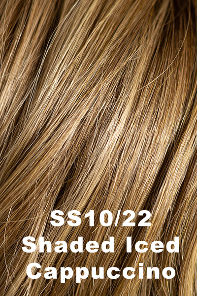 Medium brown roots blending into a light brown base and cool blonde highlights.