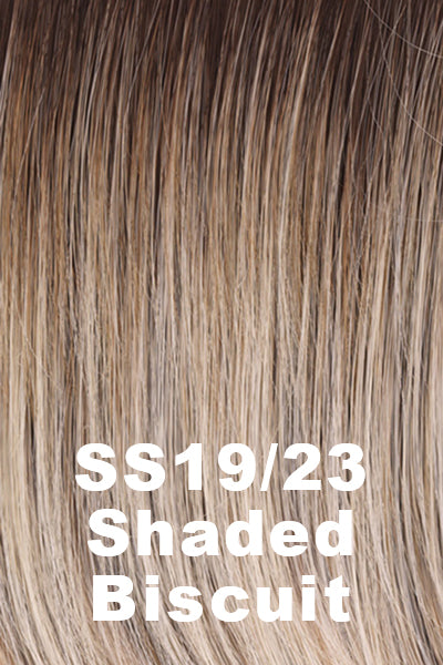 Light ash blonde and platinum blonde blend with a dark root.