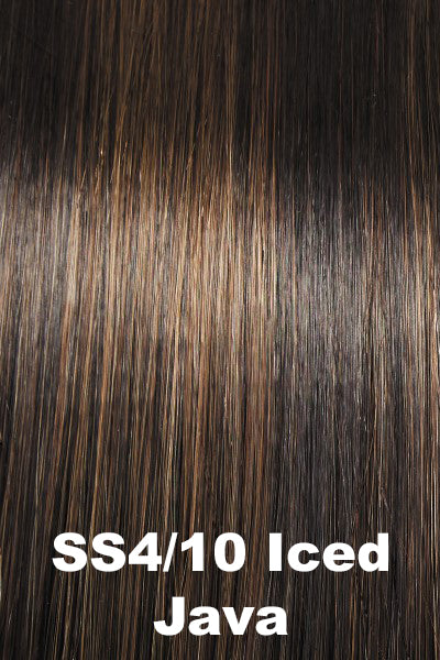 Dark brown with a cool undertone, light brown highlights, and dark brown roots.