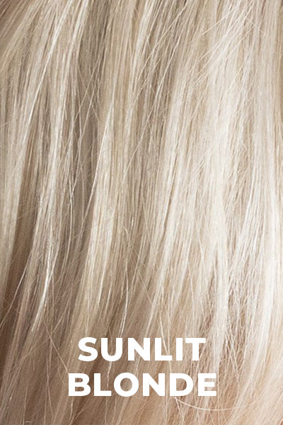 Estetica Wigs - Vale - Sunlit Blonde Average. Soft blend of Sandy Blonde, Light Blonde, and Iced Blonde with a Light Golden Brown Root.