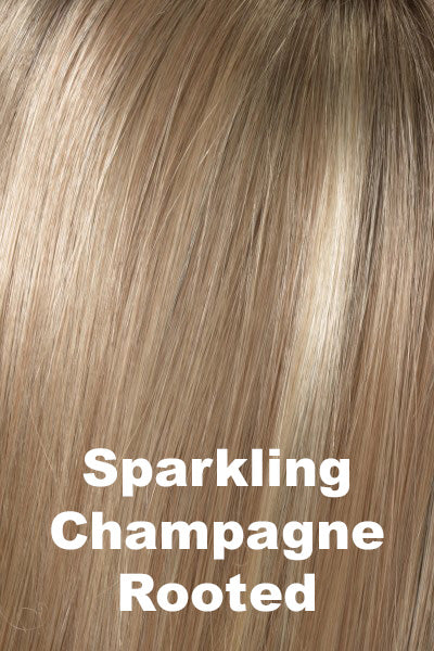Color Swatch Sparkling Champagne Rooted for Envy wig London. 3-Tone blend of a Golden Blond base with Medium Brown roots, and light Golden Blonde highlights.