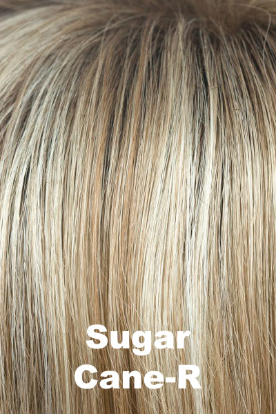 Color  Sugar Cane_R for Noriko wig Kade #1723. Dark brown roots with a medium blonde base and caramel and dusty blonde lowlights and highlights.
