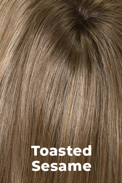 Light brown base with wheat blonde and dark blonde highlights and subtle chestnut brown rooting.