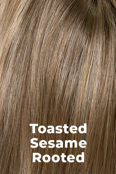 Color Swatch Toasted Sesame for Envy wig Penelope.  Light brown base with wheat blonde and dark blonde highlights and a chestnut brown rooting.