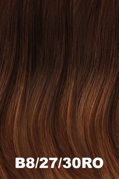 Color B8-27/30RO (Dark Ombre) for Jon Renau wig Carrie Human Hair (#708). Medium brown ombre roots that change to a medium red golden blonde midlengths to ends. 