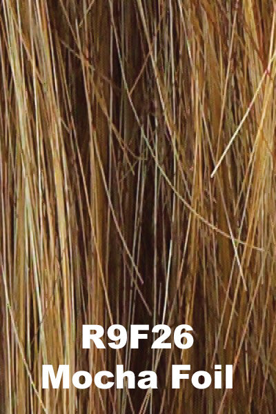 Color Mocha Foil (R9F26)  for Raquel Welch wig Voltage Petite.  Medium brown base with golden blonde face framing highlights.