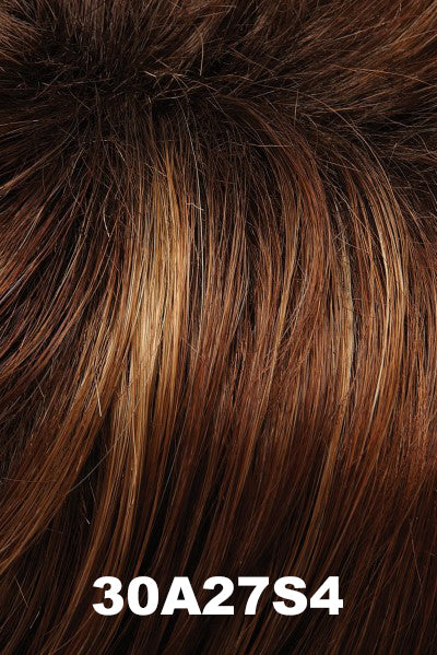 Color 30A27S4 (Shaded Peach) for Jon Renau wig Caelen (#5171). Dark red brown base with auburn and golden blonde highlights and dark brown roots