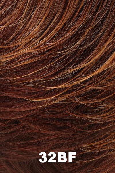 Color 32BF (Cherry Almond Tart) for Jon Renau wig Selena (#5908). Dark auburn and burgandy base with copper highlights and a medium red nape.