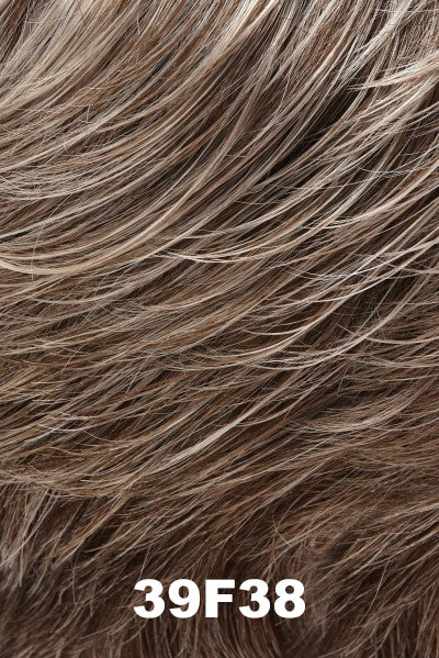 Color 39F38 (Roasted Chestnut) for Jon Renau wig Simplicity Mono (#5131). Light brown and ash brown base with heavier light grey highlights in the front gradually blending to less highlights by the nape.