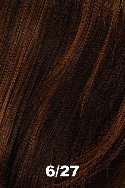Color 6/27 for Tony of Beverly wig Logan.  Dark brown with copper caramel brown highlights.